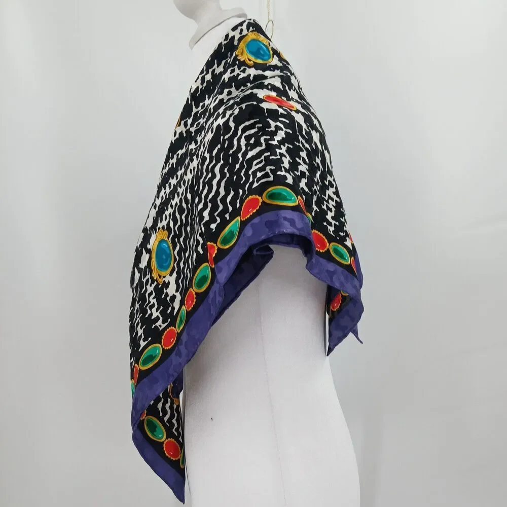 womens vintage square black and purple jewel gems print silky scarf